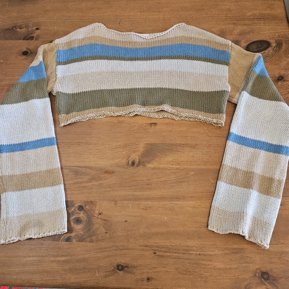 Grey Bandit Rayna Cropped Sweater Blue Beige Green Stripes Size Medium